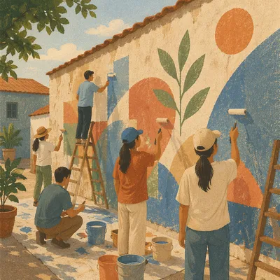 Volunteers Painting a Community Mural Together