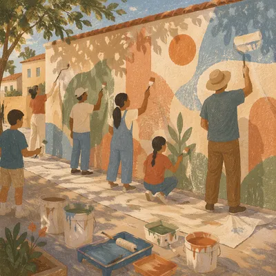 Volunteers Painting a Community Mural Together