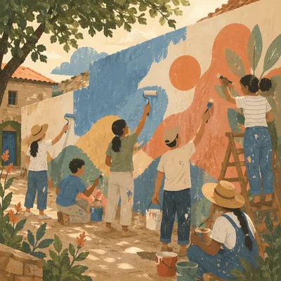 Volunteers Painting Community Wall at Sunset
