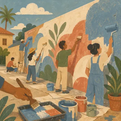 Volunteers Painting Community Wall at Sunset