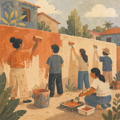Volunteers Painting Community Wall at Sunset