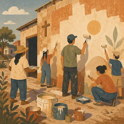 Volunteers Painting Community Wall Together