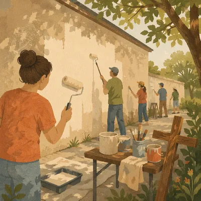 Church Volunteers Painting Community Wall Together