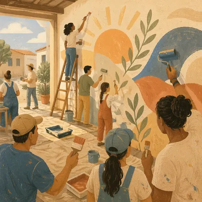 Volunteers Painting Hopeful Community Mural Together