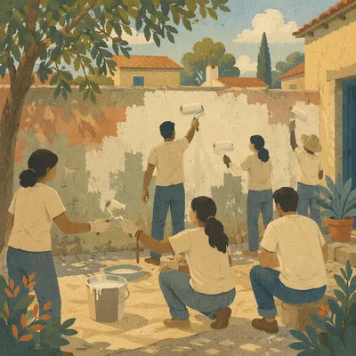 Christian Volunteers Painting Neighborhood Wall Together