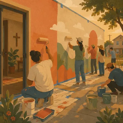 Volunteers Painting Community Wall in Fellowship