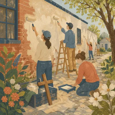 Church Volunteers Painting Community Center Wall