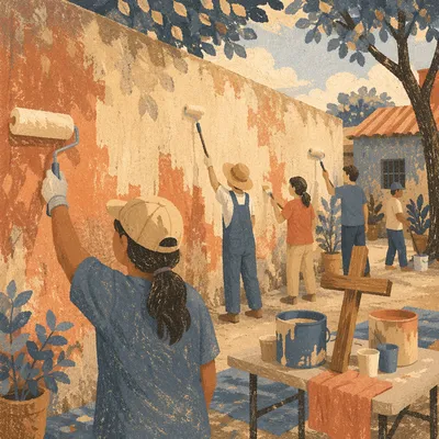 Church Volunteers Painting Community Wall Together