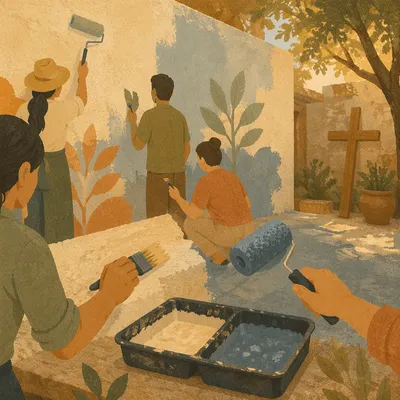 Volunteers Painting Community Wall in Faith Courtyard