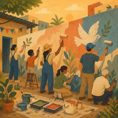 Volunteers Painting Hopeful Community Mural Together