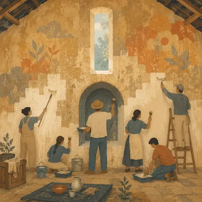 Volunteers Restoring a Rustic Community Hall Wall