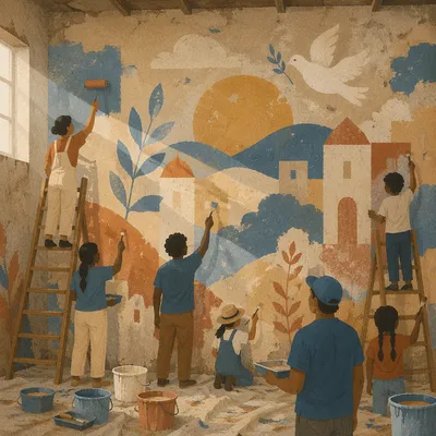 Community Volunteers Painting a Hopeful Mural