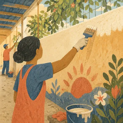 Volunteers Painting a Community Corridor Wall