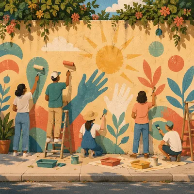Volunteers Painting a Joyful Community Mural