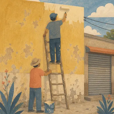 Volunteers Repainting a Weathered Community Wall