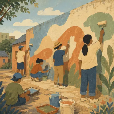 Volunteers Painting a Hopeful Community Mural