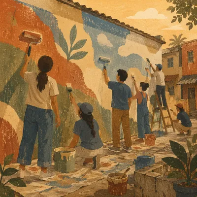 Volunteers Painting a Hopeful Community Mural