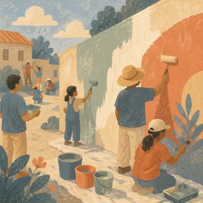 Volunteers Painting a Community Wall Together