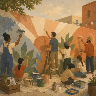 Volunteers Painting Hopeful Community Mural Together