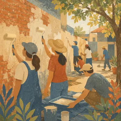 Volunteers Painting a Community Wall Together