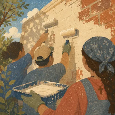 Faith Volunteers Painting Community Wall Together