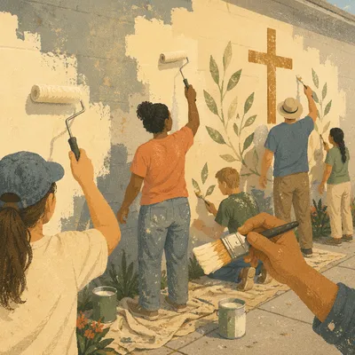 Church Volunteers Painting Community Mural Wall