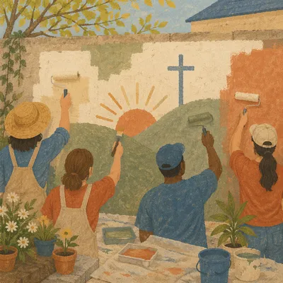 Church Volunteers Painting Community Garden Mural