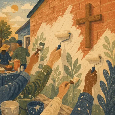 Volunteers Painting Community Wall by Cross