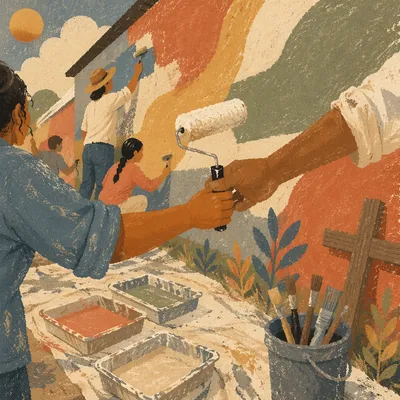 Volunteers Painting Community Wall Together