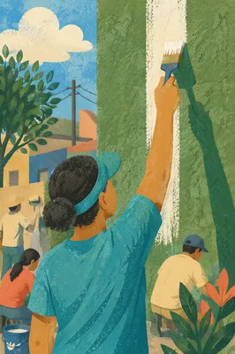 Community Volunteers Painting a Green Neighborhood Wall