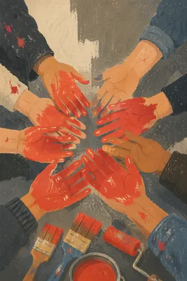 Volunteers Joining Painted Hands in Community Service