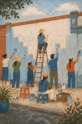 Community Volunteers Painting Neighborhood Wall Together