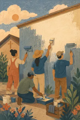 Volunteers Painting Community Wall in Warm Light