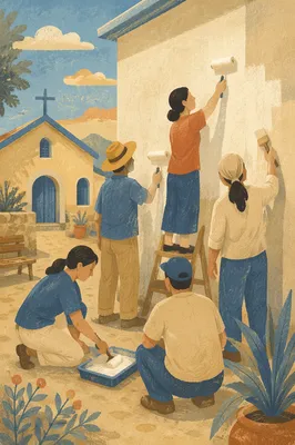 Volunteers Painting Chapel Courtyard Wall Together