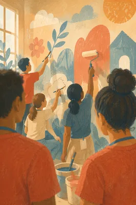 Community Volunteers Painting Pastel Mural Together