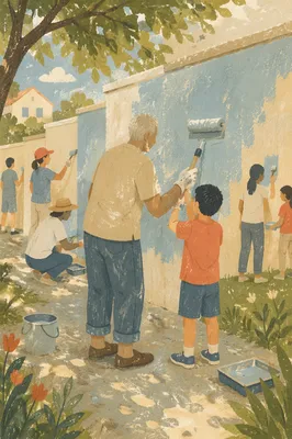 Community Volunteers Painting Neighborhood Wall Together