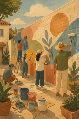 Volunteers Painting Community Wall at Sunset
