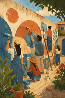 Volunteers Painting Community Wall at Sunset