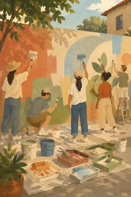 Volunteers Painting Community Wall at Sunset