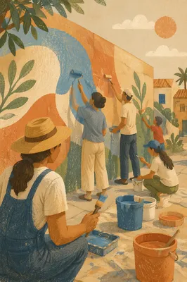 Volunteers Painting Community Wall at Sunset