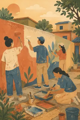 Volunteers Painting Community Wall at Sunset