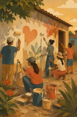 Volunteers Painting Community Wall in Afternoon Light