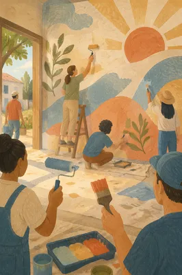 Volunteers Painting Hopeful Community Mural Together
