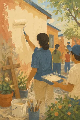 Volunteers Painting Community Hall Wall Together