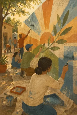 Volunteers Painting Hopeful Community Wall Together