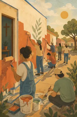 Volunteers Painting Community Wall in Afternoon Light