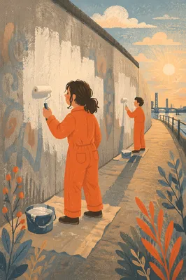 Volunteers Repainting Community Wall at Sunset