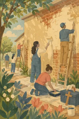Church Volunteers Painting a Community Wall