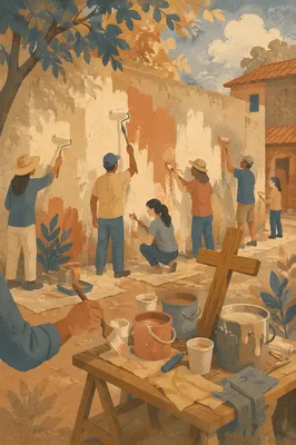 Church Volunteers Painting Community Wall Together
