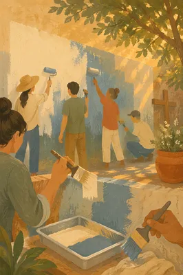 Volunteers Painting Community Wall in Warm Light